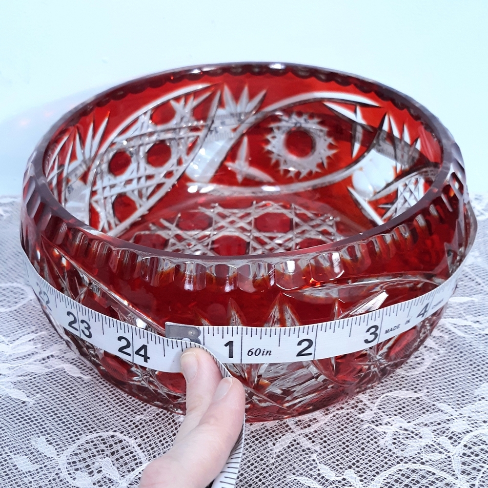 Large Ruby Red Cut to Clear Crystal Glass Centerpiece Bowl for Entertaining - Picture 5 of 16